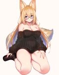  1girl absurdres animal_ear_fluff animal_ears ankle_boots bangs bare_shoulders blush boots breasts cleavage closed_mouth collarbone commentary_request covered_navel dress eyebrows_visible_through_hair fingernails fox_ears fox_girl fox_tail full_body glasses highres jewelry large_breasts lips long_hair long_sleeves looking_at_viewer masaoka_misaki necklace off-shoulder_dress off_shoulder original ribbed_dress semi-rimless_eyewear shiny shiny_hair shiny_skin simple_background sitting smile solo sweater sweater_dress tail thighs white_background 