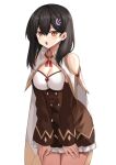  1girl bare_shoulders black_hair blush bow breasts brown_eyes cape character_request cleavage clothing_cutout copyright_request eyebrows_visible_through_hair frills hair_between_eyes hair_ornament highres long_hair mahcdai open_mouth red_bow shoulder_cutout simple_background sleeves_past_wrists solo tongue white_background white_cape 