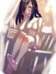  1girl barefoot black_eyes black_hair blush breasts chair collarbone fang feet hair_ornament hair_over_one_eye hairclip highres long_hair nipples nude original sitting small_breasts smile soles solo soon_(c-u-soon) toes 