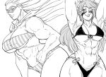  2girls abs armpits bandeau bb_(baalbuddy) biceps bikini boku_no_hero_academia breasts cleavage commentary domino_mask english_commentary facepaint floating_hair fuuma_kotarou_(tenkaichi) grin hands_up highres large_breasts looking_at_viewer mask multiple_girls muscular muscular_female navel one_eye_closed simple_background smile star_and_stripe_(boku_no_hero_academia) swimsuit tenkaichi_nihon_saikyou_bugeisha_ketteisen white_background 