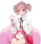  1girl animal_on_lap bag bird black_ribbon bow brown_hair closed_mouth commentary_request drink drinking_straw duck earrings eyebrows_visible_through_hair food food-themed_earrings fruit hair_bow hand_up highres holding holding_drink jewelry kirara_akaru licking_lips long_sleeves looking_at_viewer neck_ribbon ohisashiburi on_chair original pink_eyes pink_nails pink_skirt project_luminasys ribbon shirt shirt_tucked_in short_twintails shoulder_bag sitting skirt sleeves_past_wrists solo strawberry strawberry_earrings tongue tongue_out twintails white_background white_bow white_shirt 