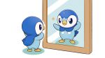  :&lt; blue_eyes closed_mouth commentary_request flexing mirror official_art piplup pokemon pose project_pochama reflection sparkle standing toes white_background 