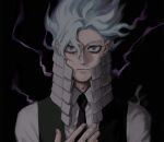  1boy alternate_color black_background boku_no_hero_academia buttons collared_shirt costume darkness expressionless facing_viewer fog grey_eyes hand_on_own_chest high_collar kurogiri_(boku_no_hero_academia) long_sleeves loud_cloud necktie osutoraria_(1ndi_g0) shirt special_moves spoilers vest white_hair white_shirt 