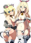  2girls animal_ears animal_print ass bell bikini black_gloves blonde_hair blue_eyes blush breasts collarbone colorado_(kancolle) comala_(komma_la) cow_ears cow_print cowbell cowboy_shot elbow_gloves fake_animal_ears garrison_cap gloves grey_headwear hat highres kantai_collection large_breasts long_hair mole mole_under_eye mole_under_mouth multicolored_clothes multicolored_gloves multiple_girls navel open_mouth parted_lips richelieu_(kancolle) short_hair swimsuit thighhighs white_bikini white_gloves white_legwear 