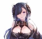  1girl absurdres august_von_parseval_(azur_lane) azur_lane bare_shoulders black_dress breasts cleavage cleavage_cutout clothing_cutout curled_horns dress fangxingdeyinxue gloves hair_over_one_eye highres horns large_breasts long_hair looking_at_viewer mechanical_horns purple_eyes purple_hair simple_background solo teeth upper_body white_background white_gloves 