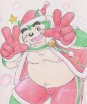  anthro belly blush bottomwear bulge canid canine canis christmas christmas_clothing clothing domestic_dog eyebrows fur gesture gloves green_body green_fur handwear hi_res holidays lifewonders live-a-hero male mammal mokdai navel nipples one_eye_closed overweight shorts solo tabasukotrr thick_eyebrows traditional_media_(artwork) v_sign video_games wink 