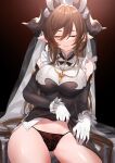  1girl animal_ears ass_visible_through_thighs bangs breasts brown_hair closed_mouth clothes_lift detached_sleeves dress dress_lift earrings extra_ears facing_viewer galleon_(granblue_fantasy) gloves granblue_fantasy hair_between_eyes highres horns jewelry lace lace_panties large_breasts lips long_hair panties pointy_ears saru_(pixiv13751598) sleeveless sleeveless_dress solo turtleneck underwear very_long_hair white_gloves 