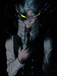 1boy black_background blue_eyes boku_no_hero_academia buttons collared_shirt costume darkness expressionless facing_viewer fog glowing glowing_eyes hand_on_own_chest high_collar kurogiri_(boku_no_hero_academia) light_blue_hair long_sleeves loud_cloud necktie osutoraria_(1ndi_g0) shirt special_moves spoilers vest white_shirt 