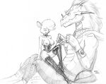  anthro baron_engel big_breasts bottomwear breasts clothing collar corset dragon dressing duo female genitals graphite_(artwork) leaning leaning_back leggings legwear lingerie looking_at_another male male/female mammal mostly_nude mouse murid murine pants pencil_(artwork) petina_demouse pussy rodent simple_background sitting size_difference topwear traditional_media_(artwork) white_background 