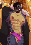  2021 abs anthro biceps black_body black_fur black_hair black_spots blue_body blue_fur bulge clothed clothing detailed_bulge erection eyebrow_piercing facial_hair facial_piercing fangs flashing front_view fur genital_outline goatee green_eyes hair hi_res hyaenid jacket male mammal multicolored_body multicolored_fur muscular muscular_anthro muscular_male navel navel_piercing nipples open_mouth open_smile outside pecs penis_outline piercing pinup portrait pose quads sharp_teeth smile solo spots spotted_body spotted_fur standing teeth three-quarter_portrait topwear triceps two_tone_body two_tone_fur underwear wolfybuns 