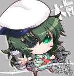  1girl cannon character_name chibi eyepatch green_eyes green_hair hat highres kantai_collection kiso_(kancolle) kuroneko_(kuroneko_works) rigging sailor_hat school_uniform serafuku short_hair smokestack solo turret white_headwear 