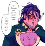  1boy black_hair blue_eyes blush covering_face covering_one_eye diamond_wa_kudakenai e gakuran hair_down hand_on_own_face heart higashikata_josuke highres jojo_no_kimyou_na_bouken male_focus peace_symbol school_uniform tariah_furlow 