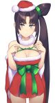  1girl alternate_costume bangs bare_shoulders black_hair blue_eyes blush bow breasts christmas cleavage commentary cowboy_shot detached_sleeves dress eyebrows_visible_through_hair fate/grand_order fate_(series) fur_trim highres long_hair looking_at_viewer medium_breasts p!nta pout red_dress santa_costume side_ponytail solo ushiwakamaru_(fate) very_long_hair waist_bow white_background wrapped_candy wrapper 