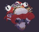  2021 absurd_res anthro bael_(tas) belly canid canine christmas christmas_clothing christmas_headwear clothing costume draggintoucan eyewear feet glasses group hat headgear headwear hi_res holidays humanoid_hands lifewonders male mammal nyarlathotep_(housamo) obese obese_male overweight overweight_male santa_costume santa_hat seth_(tas) simple_background sitri size_difference tokyo_afterschool_summoners video_games 