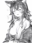  1girl animal_ears bathrobe blush breasts closed_eyes facing_viewer greyscale highres hololive large_breasts long_hair monochrome nanashi_(nlo) nipple_slip nipples ookami_mio simple_background smile solo white_background wolf_ears 