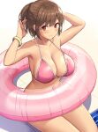  1girl 3: absurdres armpits arms_up bangle bare_arms bare_shoulders bikini bracelet breasts brown_hair cleavage closed_mouth collarbone commentary_request half_updo halter_top halterneck highres innertube jewelry large_breasts looking_at_viewer navel original pink_bikini poolside red_eyes sawada_yuusuke short_hair sitting solo stomach strap_gap string_bikini swimsuit thighs 