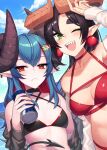  2girls ;d arm_up bare_shoulders bikini black_bikini black_choker black_hair black_jacket blue_hair breasts can choker closed_mouth clover_senpai colored_inner_hair commission criss-cross_halter curled_horns demon_girl demon_horns demon_tail energy_drink frown green_eyes halterneck highres holding horns indie_virtual_youtuber jacket kinsenka_momi long_hair looking_at_viewer medium_breasts mole mole_under_eye multicolored_hair multiple_girls mythic_live nako_ryu off_shoulder one_eye_closed open_mouth outdoors pointy_ears red_bikini red_bull red_choker red_eyes sharp_teeth sidelocks skeb_commission small_breasts smile streaked_hair string_bikini swimsuit tail teeth thick_eyebrows two-tone_hair virtual_youtuber 