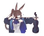  1girl aiming amiya_(arknights) animal_ears arknights ascot black_jacket blue_ascot blue_eyes bow_(music) brown_hair frilled_ascot frills high_ponytail highres holding holding_instrument instrument jacket jewelry kaleka long_hair multiple_rings neck_ring open_clothes open_jacket rabbit_ears rabbit_girl ring shirt simple_background sleeveless sleeveless_shirt solo thumb_ring upper_body violin white_background white_shirt 