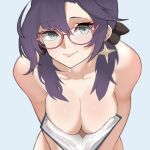  1girl absurdres asymmetrical_bangs bangs bare_shoulders book bow breasts cleavage collarbone covering covering_breasts earrings genshin_impact glasses green_eyes hair_bow highres ieugama jewelry large_breasts leaning_forward looking_at_viewer mona_(genshin_impact) nude purple_hair red-tinted_eyewear smile solo star_(symbol) star_earrings tinted_eyewear upper_body 