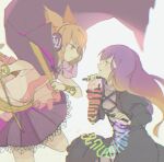  2girls bangs bracelet brown_eyes brown_hair cape cross-laced_clothes dress eyebrows_visible_through_hair gradient_hair headphones hijiri_byakuren jewelry juliet_sleeves layered_dress light_brown_hair long_hair long_sleeves multicolored_hair multiple_girls pointy_hair puffy_sleeves purple_cape purple_hair purple_skirt ritual_baton shirt short_hair simple_background skirt sleeveless sleeveless_shirt sorani_(kaeru0768) sorcerer&#039;s_sutra_scroll touhou toyosatomimi_no_miko turtleneck_dress two-tone_hair wavy_hair white_background white_dress yellow_eyes 