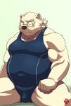  2021 anthro belly blush bodily_fluids bulge clothing eyes_closed eyewear glasses hi_res humanoid_hands kemono leib_(tas) lifewonders male mammal one-piece_swimsuit overweight overweight_male polar_bear simple_background sitting solo sweat swimwear tokyo_afterschool_summoners ursid ursine video_games yukimushi6 