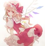  1girl back_bow bangs blonde_hair bow crystal eyebrows_visible_through_hair flandre_scarlet frilled_shirt frilled_skirt frilled_sleeves frills hair_between_eyes hat hat_ribbon laevatein_(touhou) looking_at_viewer looking_back mob_cap one_side_up puffy_short_sleeves puffy_sleeves red_bow red_eyes red_ribbon red_skirt red_vest ribbon shirt short_hair short_sleeves simple_background skirt smile solo sorani_(kaeru0768) touhou vest white_background white_bow white_shirt wings 