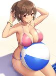  1girl 3: absurdres armpits arms_up ball bangle bare_arms bare_shoulders beachball bikini bracelet breasts brown_hair cleavage closed_mouth collarbone commentary_request half_updo halter_top halterneck highres jewelry large_breasts looking_at_viewer original pink_bikini poolside red_eyes sawada_yuusuke short_hair sitting solo strap_gap string_bikini swimsuit thighs 