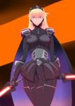  1girl absurdres black_background black_gloves blonde_hair boots cape diagonal_stripes dual_wielding gloves highres holding long_hair pilot_suit purplet skin_tight solo star_wars star_wars_manga striped thigh_boots thigh_gap thighhighs thighs tiara 