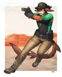  2021 anthro belt blue_eyes bottomwear brown_hair clothing fish footwear gloves gun hair handgun handwear hat headgear headwear hi_res male marine open_mouth pants pgm300 ranged_weapon shark shark_tail shirt shoes solo stripes topwear weapon 