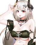  1girl :p arknights arm_up bangs bare_shoulders bikini black_bikini black_choker breasts chinese_commentary choker cleavage commentary_request flower hair_flower hair_ornament highres horns jewelry large_breasts looking_at_viewer mudrock_(arknights) mudrock_(silent_night)_(arknights) navel necklace oripathy_lesion_(arknights) partial_commentary pointy_ears red_eyes revision silver_hair simple_background sirius_enjoliao smile solo stomach swimsuit tongue tongue_out upper_body white_background 