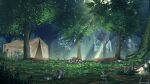  animal_print anonamos arrow_(projectile) bunny_print campfire camping forest grass gun hat hat_removed headwear_removed helmet helmet_removed highres lantern light_rays log nature no_humans original planted scenery staff sunbeam sunlight target tent tree twitter_username weapon 