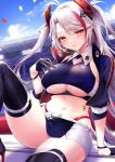  1girl azur_lane bangs black_footwear blue_gloves blue_jacket blush boots breasts commentary_request confetti eyebrows_visible_through_hair gloves hair_ornament high_heels jacket long_hair long_sleeves looking_at_viewer multicolored_hair navel official_alternate_costume orange_eyes panties parted_lips pontaro18 prinz_eugen_(azur_lane) prinz_eugen_(final_lap)_(azur_lane) race_queen red_hair red_panties skirt smile solo streaked_hair thigh_boots thighhighs thighs two-tone_skirt two_side_up underboob underwear white_hair 