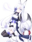  2girls absurdres animal_ear_fluff animal_ears azur_lane bangs black_bodysuit blue_eyes bodysuit bodysuit_under_clothes breasts closed_mouth commentary_request dual_persona fox_ears fox_tail hair_over_one_eye highres japanese_clothes kasumi_(azur_lane) kimono lap_pillow long_hair long_sleeves medium_breasts multiple_girls retrofit_(azur_lane) silver_hair simple_background smile swept_bangs tail vldjm13 white_background white_kimono wide_sleeves 