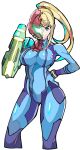  1girl arm_cannon armor bangs blonde_hair blue_eyes blush bodysuit breasts enpe gun helmet highres large_breasts long_hair looking_at_viewer metroid metroid_dread mole mole_under_mouth ponytail power_armor power_suit samus_aran science_fiction simple_background skin_tight smile solo weapon zero_suit 