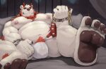  2021 anthro bed belly bulge chain chain_leash clothing collar feet furniture hi_res horn huger_smot humanoid_hands kemono leash lying male mammal moobs navel nipples overweight overweight_male solo underwear ursid white_body 