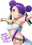  1girl artist_name bangs blush breasts closed_mouth commission commissioner_upload diamond_(shape) double_bun eyelashes hair_ribbon highres makino_harumaki midriff navel outstretched_arms pokemon pokemon_(game) pokemon_battle_revolution purple_hair ribbon ruby_(gemstone) sashay_(pokemon) shiny shiny_hair short_hair simple_background skeb_commission skirt smile solo swept_bangs white_background white_skirt wristband yellow_eyes yellow_ribbon 