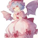  1girl back_bow bangs bat_wings blue_hair bow dress dress_bow eyebrows_visible_through_hair frilled_shirt_collar frilled_sleeves frills hand_on_own_face hat hat_ribbon looking_at_viewer mob_cap pink_dress puffy_short_sleeves puffy_sleeves red_bow red_eyes red_ribbon remilia_scarlet ribbon short_hair short_sleeves simple_background solo sorani_(kaeru0768) touhou white_background wings wrist_cuffs 