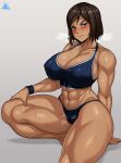  1girl abs absurdres avatar_(series) blue_eyes blush breasts brown_hair dark-skinned_female dark_skin highres huge_breasts jmg korra long_hair muscular muscular_female ponytail short_hair signature simple_background sports_bra sportswear steam steaming_body sweat the_legend_of_korra thick_thighs thighs 