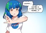  1girl bangs blue_hair blush breasts brown_eyes collarbone commentary earth-chan english_text green_hair highres hinghoi medium_hair merryweather multicolored_hair nasa_logo original shiny shiny_hair shirt short_hair short_sleeves solo speech_bubble sweatdrop two-tone_hair upper_body white_shirt 