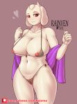  absurd_res anthro big_breasts boss_monster bovid breasts camel_toe caprine clothed clothing female fur hi_res horn mammal mature_anthro mature_female navel nipples rainven simple_background smile solo thick_thighs toriel undertale undertale_(series) video_games white_body white_fur 