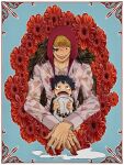 :d cape donquixote_rocinante floral_background flower fur_cape hat hat_removed headwear_removed highres holding holding_clothes holding_hat hug hug_from_behind long_sleeves makeup male_focus mii_(0hb625313261z2b) one_piece red_flower smile trafalgar_law younger 
