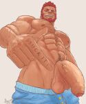  1boy abs absurdres aer_(aertandstuff) arm_hair bara beard blue_male_underwear boxers chest_hair come_hither english_text facial_hair fate/zero fate_(series) flaccid foreskin from_below hairy highres iskandar_(fate) large_pectorals looking_at_viewer male_focus male_pubic_hair male_underwear male_underwear_pull mature_male muscular muscular_male navel navel_hair nipples pectorals precum precum_drip pubic_hair red_eyes red_hair seductive_smile short_hair smile smirk solo stomach taker_pov topless_male uncensored underwear underwear_only 