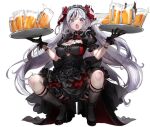  1girl alcohol azur_lane beer beer_mug black_dress black_footwear black_gloves black_legwear breasts cleavage clothing_cutout cross cup dress elbe_(azur_lane) elbe_(time_to_show_off?)_(azur_lane) eyebrows_visible_through_hair fang frilled_dress frills full_body gloves headgear high_heels highres holding holding_tray indoors iron_cross layered_dress looking_at_viewer mug nekometaru official_alternate_costume official_art open_mouth puffy_short_sleeves puffy_sleeves short_sleeves skin_fang socks solo squatting tray underboob_cutout 