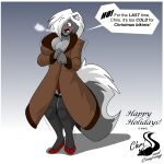  absurd_res anthro blush breasts chrisandcompany cleavage clothed clothing coat dialogue female hi_res kelsey_sienna mammal mephitid skunk solo topwear 