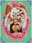  arms_up bear bepo crossed_arms facial_hair floral_background flower hat highres hood hoodie male_focus mii_(0hb625313261z2b) one_piece penguin_(one_piece) pink_flower polar_bear shachi_(one_piece) tattoo trafalgar_law uniform 