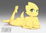  alphys anthro blush breasts butt female green_eyes hi_res lizard looking_at_viewer nude rainven reptile scalie simple_background smile solo undertale undertale_(series) video_games yellow_body 