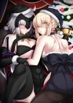  2girls absurdres artoria_pendragon_(fate) bangs blonde_hair blush braid breasts christmas commentary_request eyebrows_visible_through_hair fate/grand_order fate_(series) french_braid hair_bun hair_ribbon headpiece highres isane jeanne_d&#039;arc_(alter)_(fate) jeanne_d&#039;arc_(fate) large_breasts long_hair looking_at_viewer medium_breasts multiple_girls ribbon santa_alter short_hair sidelocks silver_hair yellow_eyes 