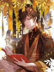  1boy absurdres bangs bird book brown_hair character_name chinese_clothes closed_mouth commentary_request dated falling_leaves genshin_impact gradient_hair hair_between_eyes highres holding holding_book jacket leaf long_hair long_sleeves looking_at_viewer male_focus multicolored_hair nyansan_oekaki open_book orange_hair ponytail simple_background smile solo translation_request white_background wide_sleeves yellow_eyes zhongli_(genshin_impact) 