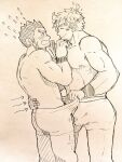  2boys ^_^ animal_ears areolae bara blush body_blush boxers brown_eyes bulge bulge_press bulges_touching closed_eyes couple cow_boy cow_ears cow_horns facial_hair feet_out_of_frame fiery_horns flying_sweatdrops forked_eyebrows from_side garugaru_wolf03 glowing_horns goatee graphite_(medium) gunzo_(housamo) highres horns long_sideburns male_focus male_underwear male_underwear_pull multiple_boys muscular muscular_male pectorals pulled_by_another scar scar_on_cheek scar_on_face short_hair sideburns sketch smile spiked_hair standing thick_eyebrows tokyo_afterschool_summoners topless_male traditional_media underwear wakan_tanka yaoi 