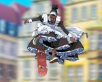  1girl apron black_hair dark-skinned_female dark_skin dress english_commentary frilled_apron frilled_dress frills jumping long_dress maid maid_apron maid_headdress midair no_socks original shoes skateboard skateboarding sneakers solo suzushiro_(suzushiro333) town 